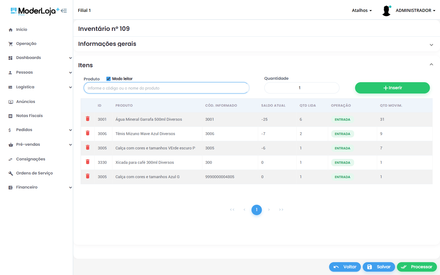 Itens contados: saldo atual, quantidade lida e movimentação que será gerada