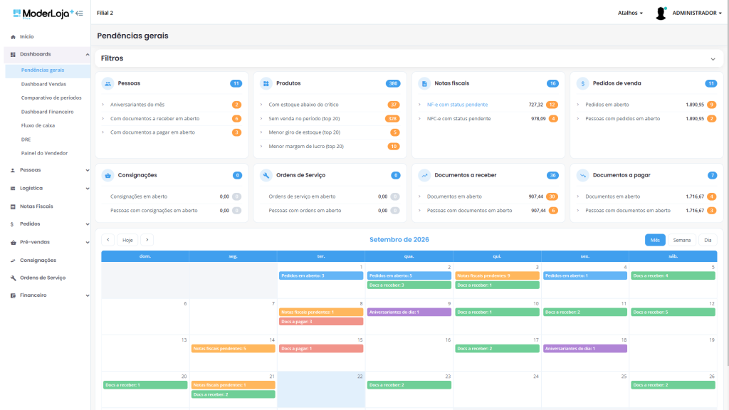 Dashboard Pendências gerais do ModerLoja Plus com indicadores por módulo e calendário mensal